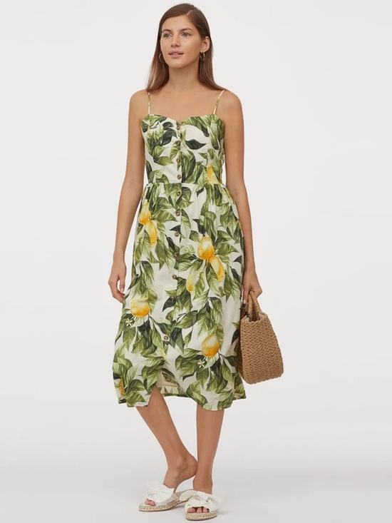 H&M Dresses & Skirts - H&M Linen Blend Tropical Leaf Citrus Fruit Print Button Front Midi Dress Sz XS